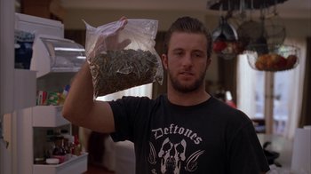 Movie still from “Friends with Money” (2006), directed by Nicole Holofcener – A man holding a bag of marijuana in his hand; Close Up shot, Over the shoulder angle
