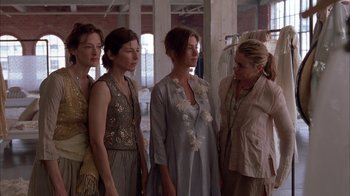 Movie still from “Friends with Money” (2006), directed by Nicole Holofcener – A group of women standing next to each other in a room; Medium shot, Low angle
