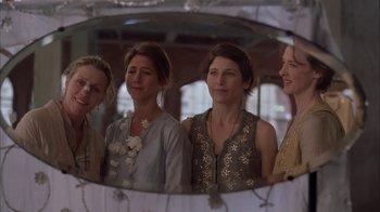 Movie still from “Friends with Money” (2006), directed by Nicole Holofcener – A group of women standing in front of a mirror; Medium shot, Over the shoulder angle