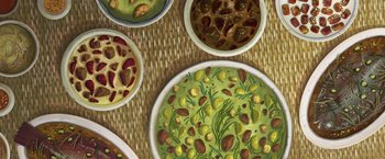 Movie still from “Funan” (2018), directed by Denis Do – Several bowls of food are sitting on a wicker table; Extreme Close Up shot, Overhead angle
