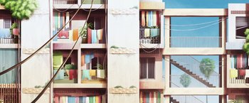 Movie still from “Funan” (2018), directed by Denis Do – A painting of a building with many windows and plants; Extreme Wide shot, Low angle