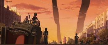 Movie still from “Funan” (2018), directed by Denis Do – An image of an elephant in the middle of a city; Extreme Wide shot, Low angle