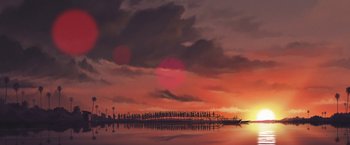 Movie still from “Funan” (2018), directed by Denis Do – A painting of a body of water with a sunset in the background; Extreme Wide shot, Low angle