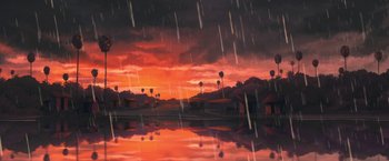 Movie still from “Funan” (2018), directed by Denis Do – A painting of a red sky with rain falling on it; Extreme Wide shot, High angle