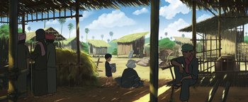 Movie still from “Funan” (2018), directed by Denis Do – An illustration of a boy and an old woman in a village; Extreme Wide shot, Over the shoulder angle