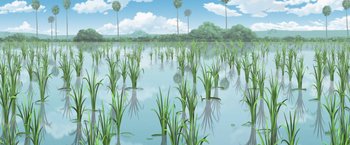 Movie still from “Funan” (2018), directed by Denis Do – An illustration of a flooded area with trees in the background; Extreme Wide shot, High angle