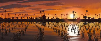 Movie still from “Funan” (2018), directed by Denis Do – A painting of the sun setting over a lake; Extreme Wide shot, Low angle