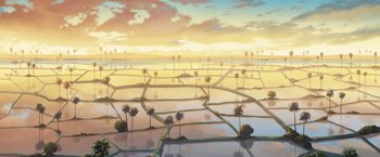 Movie still from “Funan” (2018), directed by Denis Do – An oil painting of an open field with palm trees; Extreme Wide shot, High angle