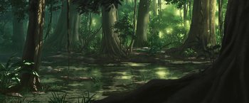 Movie still from “Funan” (2018), directed by Denis Do – A painting of a forest with trees and a river; Extreme Wide shot, High angle
