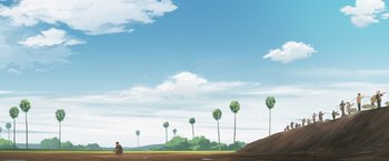 Movie still from “Funan” (2018), directed by Denis Do – Two people on a dirt road near some palm trees; Extreme Wide shot, Low angle