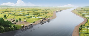 Movie still from “Funan” (2018), directed by Denis Do – An aerial view of a river with a few boats on it; Extreme Wide shot, High angle