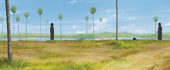 Movie still from “Funan” (2018), directed by Denis Do – A person standing in a field with trees in the background; Extreme Wide shot, Low angle