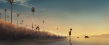 Movie still from “Funan” (2018), directed by Denis Do – An illustration of a boy and a woman in a field; Extreme Wide shot, Low angle