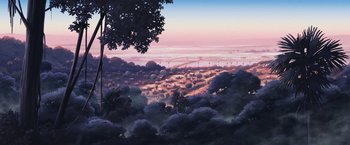 Movie still from “Funan” (2018), directed by Denis Do – An oil painting of a landscape with trees and a lake; Extreme Wide shot, High angle