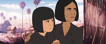 Movie still from “Funan” (2018), directed by Denis Do – A cartoon of a woman and a child looking at the camera; Close Up shot, Over the shoulder angle