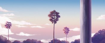 Movie still from “Funan” (2018), directed by Denis Do – Two tall palm trees in the middle of a field; Extreme Wide shot, Low angle