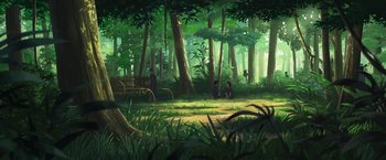 Movie still from “Funan” (2018), directed by Denis Do – A group of people sitting in the middle of a lush green forest; Extreme Wide shot, High angle