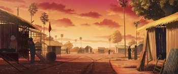 Movie still from “Funan” (2018), directed by Denis Do – An artist's rendering of an empty street with palm trees; Extreme Wide shot, High angle