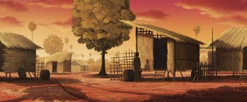 Movie still from “Funan” (2018), directed by Denis Do – An oil painting of a person standing in front of a tree; Extreme Wide shot, Low angle