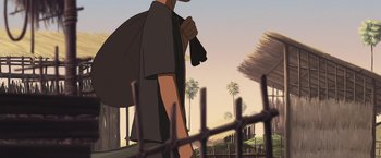 Movie still from “Funan” (2018), directed by Denis Do – An animated person walking in front of palm trees; Medium shot, Low angle