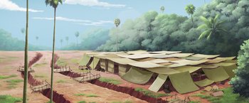 Movie still from “Funan” (2018), directed by Denis Do – An illustration of a tent camp in the middle of the desert; Extreme Wide shot, High angle