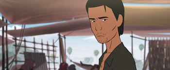 Movie still from “Funan” (2018), directed by Denis Do – An animated picture of a man in a black shirt; Close Up shot, Over the shoulder angle