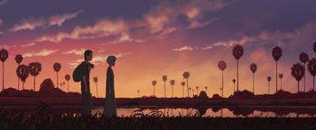Movie still from “Funan” (2018), directed by Denis Do – An illustration of a woman walking in the grass; Extreme Wide shot, Low angle