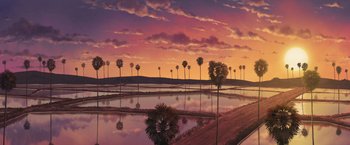 Movie still from “Funan” (2018), directed by Denis Do – An oil painting of palm trees in the distance; Extreme Wide shot, Low angle