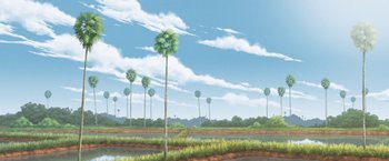 Movie still from “Funan” (2018), directed by Denis Do – An illustration of a palm tree in a field; Extreme Wide shot, Low angle