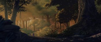Movie still from “Funan” (2018), directed by Denis Do – A painting of people walking in the woods; Extreme Wide shot, High angle
