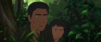 Movie still from “Funan” (2018), directed by Denis Do – An adult and a child are in the jungle; Close Up shot, Over the shoulder angle