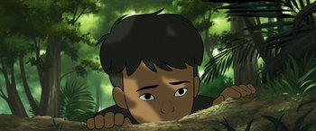 Movie still from “Funan” (2018), directed by Denis Do – A cartoon of a boy looking over a tree; Close Up shot, High angle