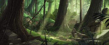 Movie still from “Funan” (2018), directed by Denis Do – An image of an image of a forest scene; Extreme Wide shot, Low angle