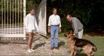Movie still from “Funny Games” (1997), directed by Michael Haneke – Three men and a dog in a yard; Wide shot, Over the shoulder angle