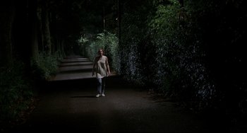 Movie still from “Funny Games” (1997), directed by Michael Haneke – A person walking down a dark path at night; Wide shot, High angle