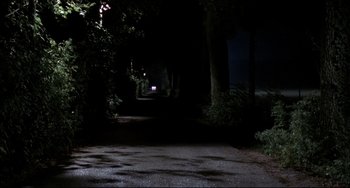 Movie still from “Funny Games” (1997), directed by Michael Haneke – A dark path with trees and lights on both sides of the path; Extreme Wide shot, Low angle