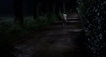 Movie still from “Funny Games” (1997), directed by Michael Haneke – A person walking down a dark path at night; Extreme Wide shot, Over the shoulder angle