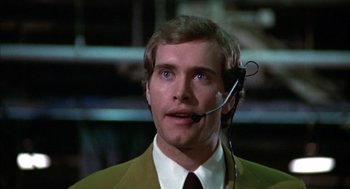 Movie still from “Futureworld” (1976), directed by Richard T. Heffron – A person wearing a headset; Close Up shot, Low angle