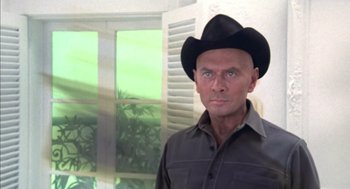 Movie still from “Futureworld” (1976), directed by Richard T. Heffron – A man wearing a cowboy hat in front of a window; Close Up shot, Low angle