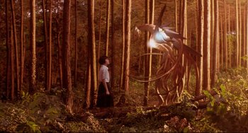 Movie still from “Gamera 3: Revenge of Iris” (1999), directed by Shûsuke Kaneko – A man standing in the middle of a forest looking up at an animal; Extreme Wide shot, Low angle