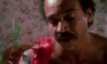 Movie still from “Ganja & Hess” (1973), directed by Bill Gunn – A person holding a flower; Extreme Close Up shot, High angle