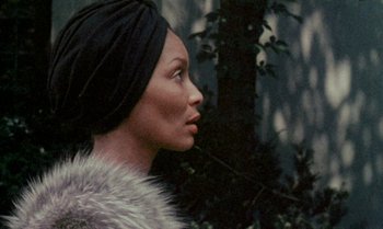 Movie still from “Ganja & Hess” (1973), directed by Bill Gunn – A person wearing a fur coat; Close Up shot, Over the shoulder angle