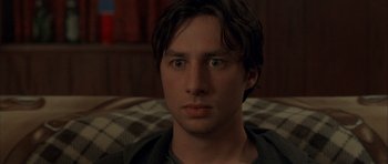 Movie still from “Garden State” (2004), directed by Zach Braff – A person sitting on a couch; Close Up shot, Low angle