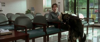 Movie still from “Garden State” (2004), directed by Zach Braff – A man sitting in a waiting room next to a dog; Medium shot, Over the shoulder angle
