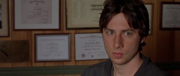 Movie still from “Garden State” (2004), directed by Zach Braff – A person wearing a jacket; Close Up shot, Over the shoulder angle