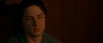 Movie still from “Garden State” (2004), directed by Zach Braff – A person with wet hair; Close Up shot, Over the shoulder angle