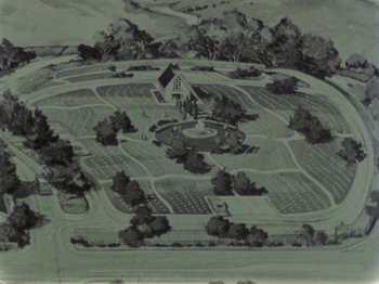 Movie still from “Gates of Heaven” (1978), directed by Errol Morris – An aerial view of a garden with a house in the center of it; Extreme Wide shot, Overhead angle