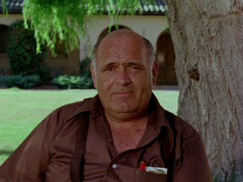 Movie still from “Gates of Heaven” (1978), directed by Errol Morris – An older man wearing a brown shirt and a brown apron; Close Up shot, Low angle