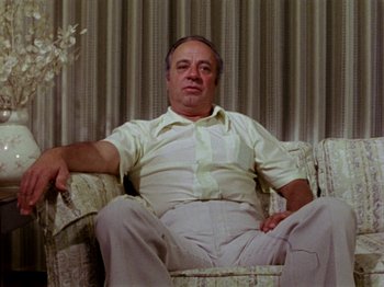 Movie still from “Gates of Heaven” (1978), directed by Errol Morris – An older man sitting on a chair in a room; Medium shot, High angle