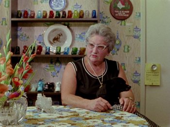 Movie still from “Gates of Heaven” (1978), directed by Errol Morris – An older woman sitting at a table holding a cat; Medium shot, High angle